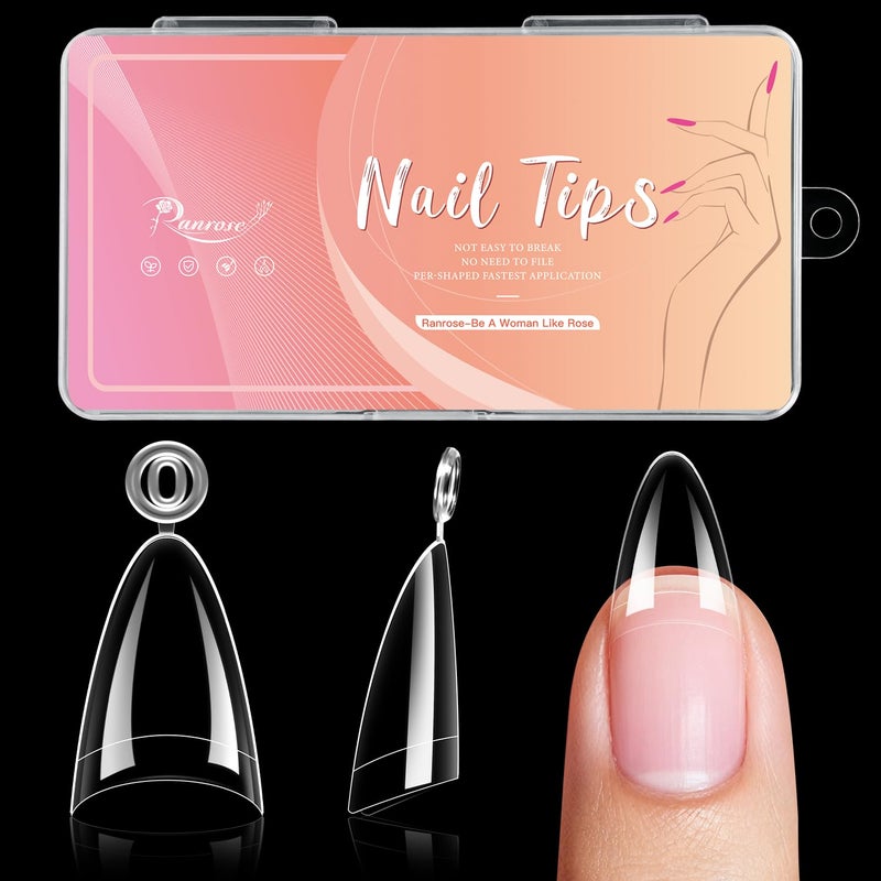 ranrose Long Almond Nail Tips with Handle, 240PCS Half Cover Acrylic Fake Nails, 12 Sizes No C Curve Gel Nail Extension Tips for Professionals DIY Beginners - Image 1